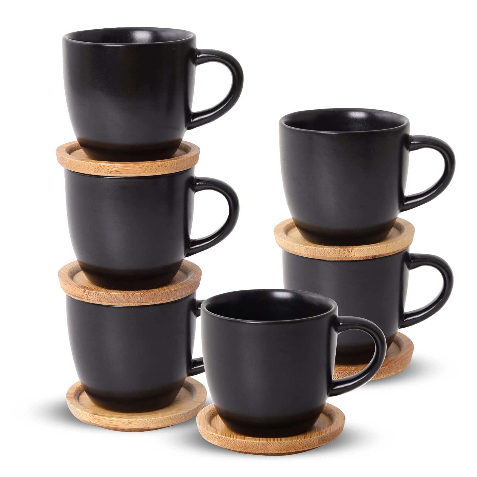 Hasense Espresso Cups and Saucers Set of 6, Demitasse Cups with Handle for Coffee Drinks, Latte, Cappuccino, Cafe Mocha and Tea, 4 Ounce Porcelain Coffee Cups for Coffee Bar Home and Party, Black