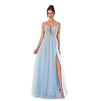 Women's Formal Deep-V Neck Tulle Long Prom Gown, Sequin Spaghetti Straps Lace-up Homecoming Dress