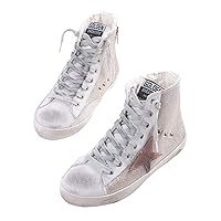 Women's Distressed Design Lace up Star Glitter Shoes High Top Fashion Flat Sneakers