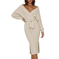 Pink Queen Womens V Neck Sweater Wrap Dresses Batwing Sleeve Elegant Holiday Bodycon Slit Maxi Long Knit Dress Belted Apricot M