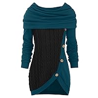 Women's Pullover Sweaters Plus Size O-Neck Long Sleeve Solid Botton Pachwork Asymmetric Tops Sweater, S-5XL