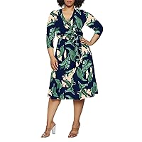 Pink Queen Women's V Neck Wrap Dress Plus Size Leaf Print Beach Party Flared Midi Dresses Wedding Guest Green 4XL