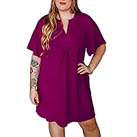 LALAGEN Women's Short Sleeve Dress Short Solid Rose Red Notched Neck Wide Sleeve Pleated Plus Size Dress