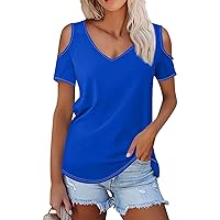 Women Fashion Tops Cold Shoulder Tops for Women 2024 Summer Fashion Trendy Casual Sexy Loose with Short Sleeve V Neck Shirts Blue XX-Large