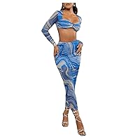 Verdusa Women's 2 Piece Set Slim Fit Marble Print Long Sleeve Crop Top Pencil Skirt