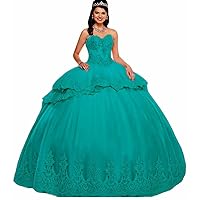 Women's Sweetheart Neck Beaded Sweet 16 Quinceanera Dress with Ruffles Lace Applique Ball Gowns