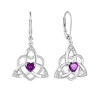 FJ Heart Celtic Knot Earrings 925 Sterling Silver Dangle Drop Leverback Earrings with Birthstone Irish Good Luck Jewellery for Women