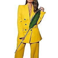 Yellow Fashion Ladies Pants Set Double Breasted Coat + Pants Office Ladies Casual Long Sleeve Blazer Straight Leg Pants