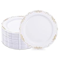 I00000 60pcs White and Gold Plastic Plates - 7.5inch Disposable Gold Salad/Dessert Plates - White Plastic Plates with Gold Rim - Cake Plates Premium Hard Plastic Appetizer Plates for Wedding & Party