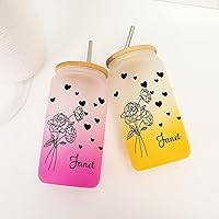 Can Shaped Glass with Bamboo Lid & Straw 16 Oz Birth Flower Frosted Tumbler Cup with Name Cute Custom Birthday Gifts Glass Can Cup for Beer Engagement Girlfriend Women Gifts