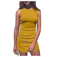 Ribbed Tank Dress for Women Summer Slim Sleeveless Ruched Bodycon Mini Dress Casual Crewneck Short Dress with Side Drawstring