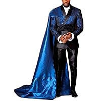 3 Pieces Men's Formal Suits Slim Blazer Jacket Pant with Satin Cape Royal Blue Tuxedo Set for Party,Prom,Banquet