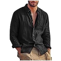 Mens Linen Shirt Linen Long Sleeve 2024 Trendy Plus Size T-Shirt Solid Fashion Casual Button Top Blouse Outdoor Shirt Lightweight Tees Black L