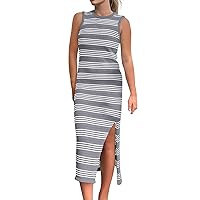 Women's Summer Bodycon Sundresses 2024 Casual Midi Sleeveless Hollow Out Knit Side Slit Striped Long Tank Dress Pullover