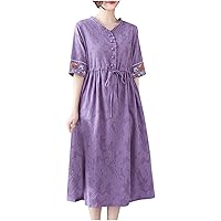 Women Floral Jacquard Casual Cotton Linen A-Line Dress Embroidery Short Sleeve Lace-Up Waist-Defined Elegant Dress