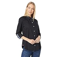 Tommy Hilfiger Womens Solid Collared With Adjustable Sleeves Button Down Shirt, Black, X-Small US