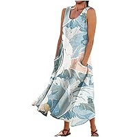 Boho Dresses for Women 2024 Summer Casual Fashion Retro Printed Sleeveless Round Neck Pocket Dress