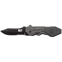 SWMP4LS 8.6in S.S. Assisted Folding Knife with 3.6in Serrated Clip Point Blade and Aluminum Handle for Outdoor Tactical Survival and EDC , Black