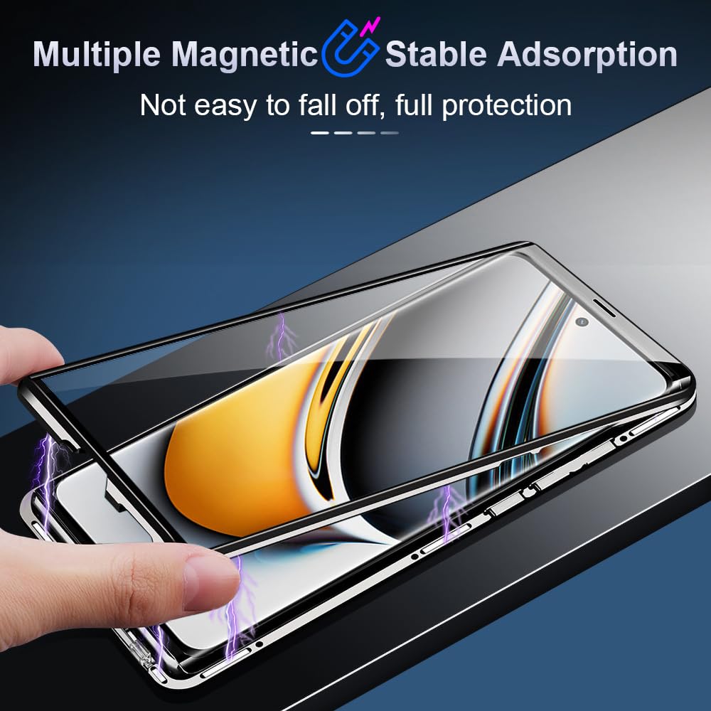 QUIETIP Case Compatible with Realme 11 Pro & 11 Pro+ Plus 5G,Magnetic Body Metal Frame Double Sided Clear Tempered Glass Shockproof with Camera Protection Cover Thin,Gold