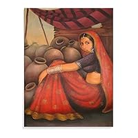 Vintage Poster Pottery Pot Indian Girl Potted Plant Poster Room Aesthetic Poster Canvas Painting Posters and Prints Wall Art Pictures for Living Room Bedroom Decor 24x32inch(60x80cm) Unframe-Style