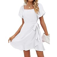 SAMPEEL Puff Sleeve Square Neck Summer Dress for Women 2024 Tie Waist Short Dresses