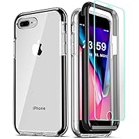 COOLQO iPhone 8+/7+/6S/6+ Case: 3-in-1 Clear Hard+Silicone TPU, 2 Tempered Glass Protectors, Full Body Coverage - Black