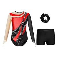 FEESHOW Girls Kids Sparkle Hollow Back Leotard Gymnastic with Athletic Booty Shorts Set for Swimming Dancing