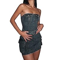 Sexy Tube Bodycon Denim Jean Dress for Women Sleeveless Skinny Strapless Pencil Mini Skirt for Club Party Night