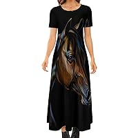 Portrait of an Arab Horse Women's Short Sleeve Maxi Dress Summer Casual Loose Long Dresses for Beach Party