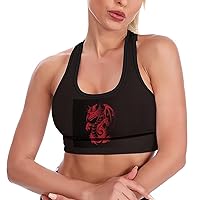 Red Dragon on Dark Women's Sports Bra Wirefree Breathable Yoga Vest Racerback Padded Workout Tank Top