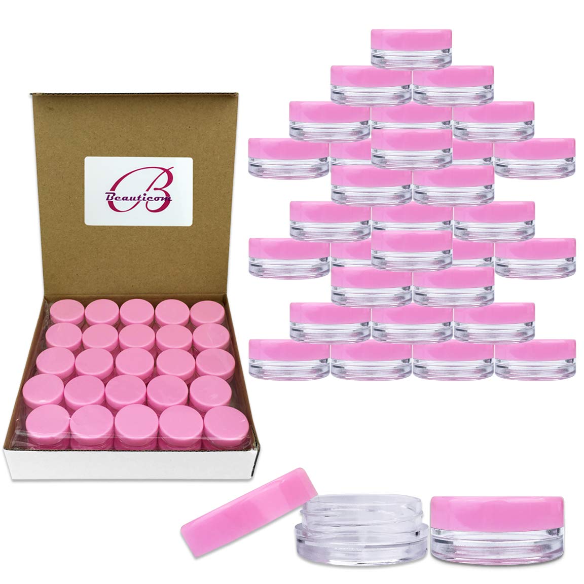 Beauticom 3G/3ML Round Clear Jars with Pink Lids for Acrylic Powder, Rhinestones, Charms and Other Nail Accessories - BPA Free (Quantity: 100 Pieces)