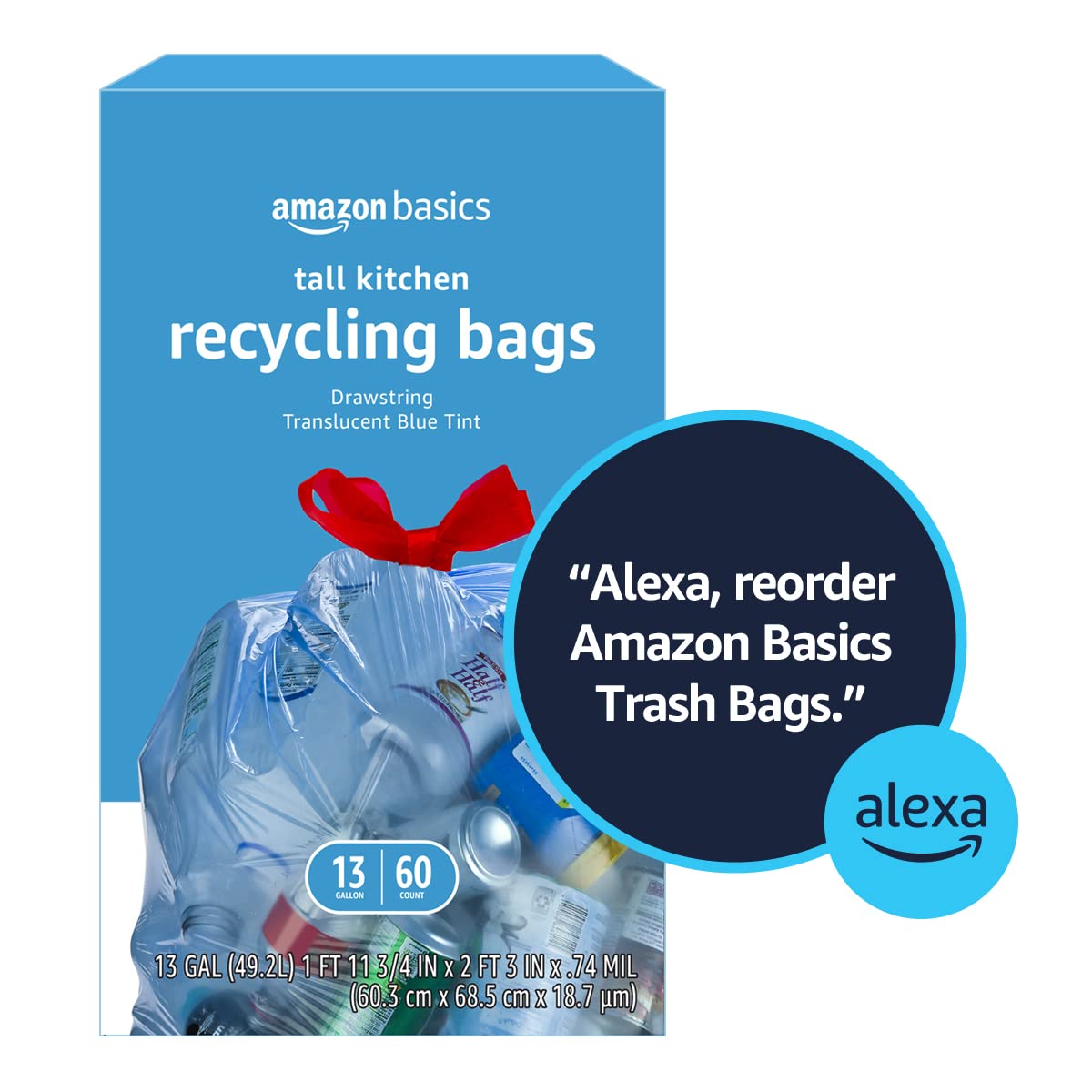 Amazon Basics Blue Recycling Trash Bags, Unscented, 13 Gallon, 60 count