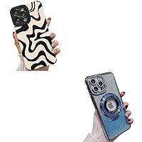 MINSCOSE Compatible with iPhone 13 Pro Max Case,Cute Wave Zebra Stripes Pattern Design and Luxury Diamond Blue Kickstand Case,Shockproof Protective Girly for Women Girls