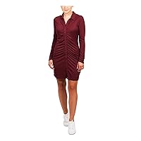 Womens Red Stretch Ribbed Ruched Button Down Long Sleeve Collared Short Body Con Dress Juniors L