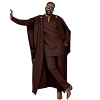 African Clothes for Men Cape V-neck Full Sleeve Shirts Pants 3 Piece Set Agbada Robe Wedding Evening Outfits