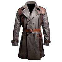 Men's Vintage Double Breasted Chocolate Brown and Grey Genuine Sheepskin Leather Trench Coat