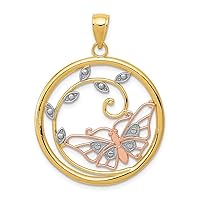14k Yellow Rose Gold Polished Textured back Rhodium Diam Cut Butterfly Angel Wings in Circle Measures 33x26mm Wide Jewelry for Women