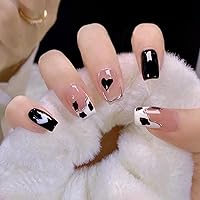 Valentines Day Press On Nails Short Square Fake Nails Black White Heart Cow Pattern Silver Edge Designs Fake Nails Almond Heart Love Fake Nails with Glue Full Cover Stick on Nails for Women Girls