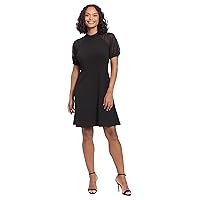 London Times Women's Dresses Fit and Flare Mock Neck with Sheer Elbow Sleeves Occasion Guest of Event Black
