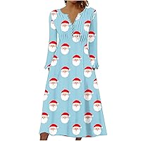 Christmas Long Sleeve Dresses Women Cute Santa Claus Print Henley Dress Fall Winter Casual Button V Neck Maxi Dress