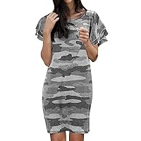 Women's Ruffle Short Sleeve Midi Bodycon Dress Camo Crew Neck Fitted Pencil Dresses Summer Loose Homecoming Dresses