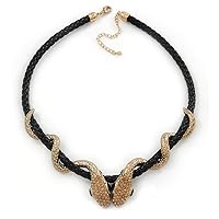 Avalaya Light Topaz Crystal Double Snake Black Leather Cord Necklace/Gold Tone Metal/46cm L/ 8cm Ext