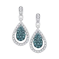 10kt White Gold Womens Round Blue Color Enhanced Diamond Teardrop Dangle Earrings 5/8 Cttw
