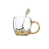 SUQ I OME Flower Glass Tea Cup for Women, Lead-Free HandMade Enamel Daisy Flower,Clear Glass Tea Cup Gift for Christmas Thanksgiving Valentines Wedding Day (Golden Daisy, 11oz)