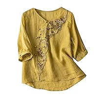 Women's Embroidered Blouse Cotton Linen Puff Short Sleeve Crew Neck Peasant Boho Top Casual Loose Button-Down T Shirts