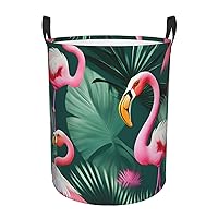 Palm Leaf and Flamingos Couple Round waterproof laundry basket,foldable storage basket,laundry Hampers with handle,suitable toy storage