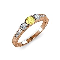 Yellow Sapphire and Diamond Milgrain Work 3 Stone Ring with Side Diamond 0.85 ctw 14K Rose Gold