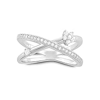 Sterling Silver Simulated Diamond Criss Cross X Flower Ring (Size 4-9)