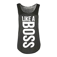 Fashion Star Womens Like A Boss Burn Out Sports Gym Edging Baggy Loose Fit Curved Hem Vest Top