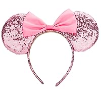 Minnie Ears Headband,Sequin Mouse Ears Headband with Bow Hairs Accessories for Girls Women Adult Kids Birthday Party (Pink)